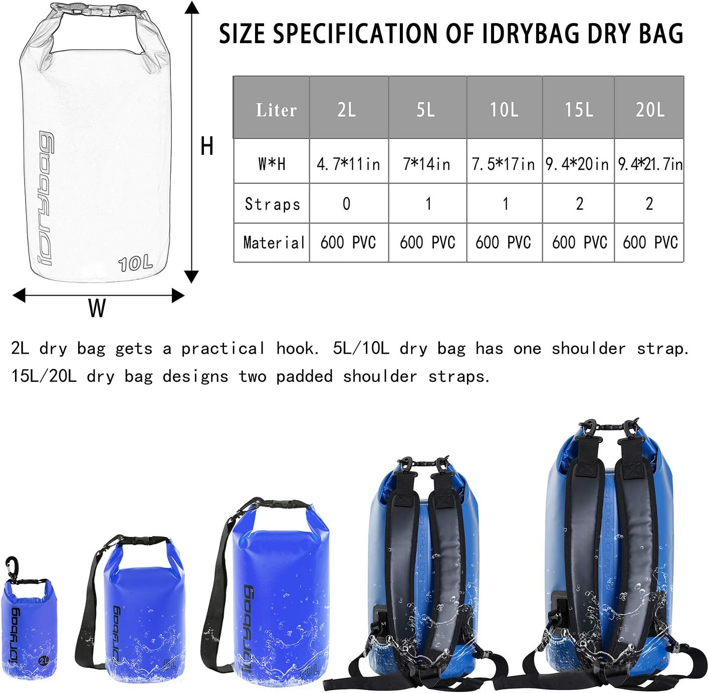 IDRYBAG Dry Bag for Kayaking Waterproof 2L/5L/10L/15L/20L, Small Dry Sack Waterproof Bag for Boating
