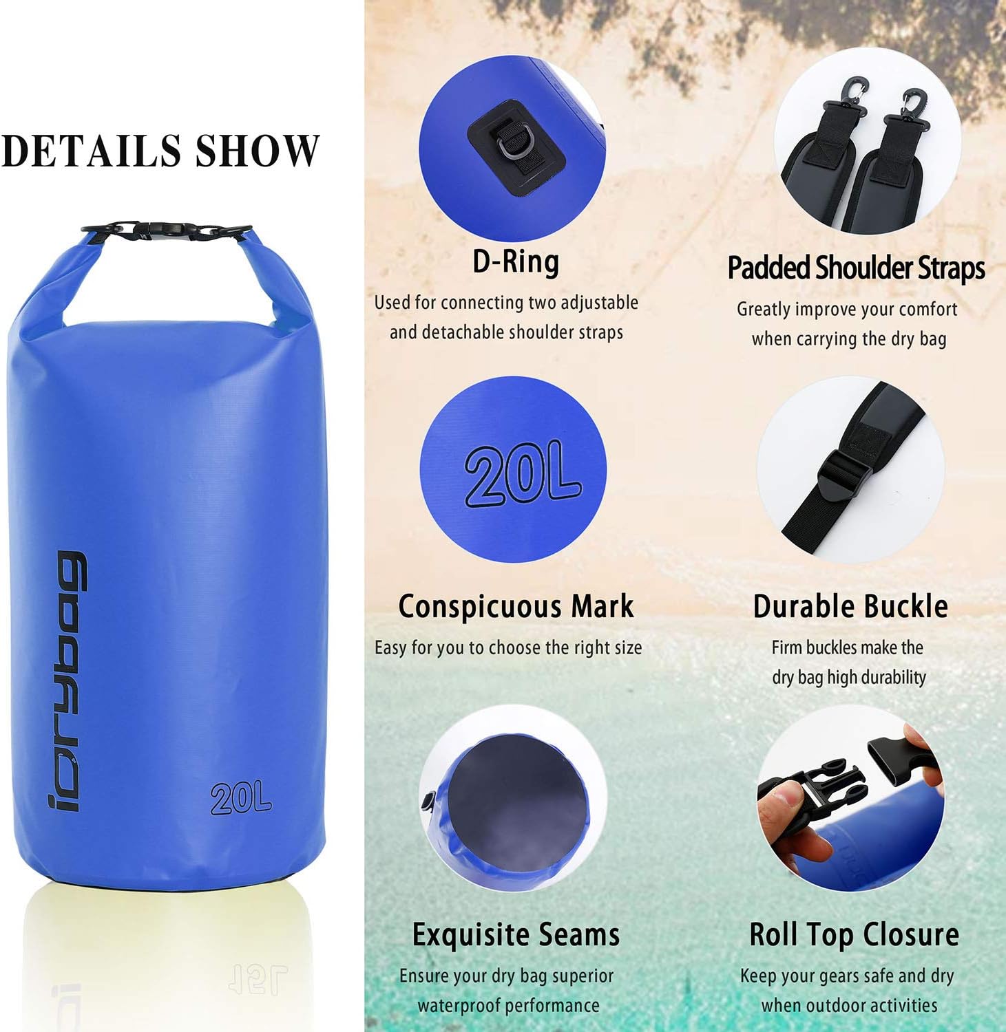 IDRYBAG Dry Bag for Kayaking Waterproof 2L/5L/10L/15L/20L, Small Dry Sack Waterproof Bag for Boating
