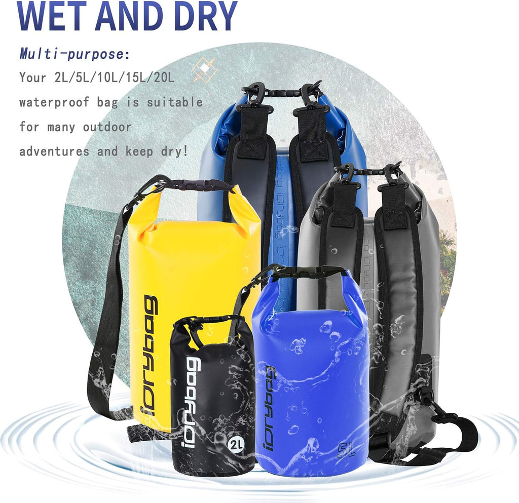 IDRYBAG Dry Bag for Kayaking Waterproof 2L/5L/10L/15L/20L, Small Dry Sack Waterproof Bag for Boating